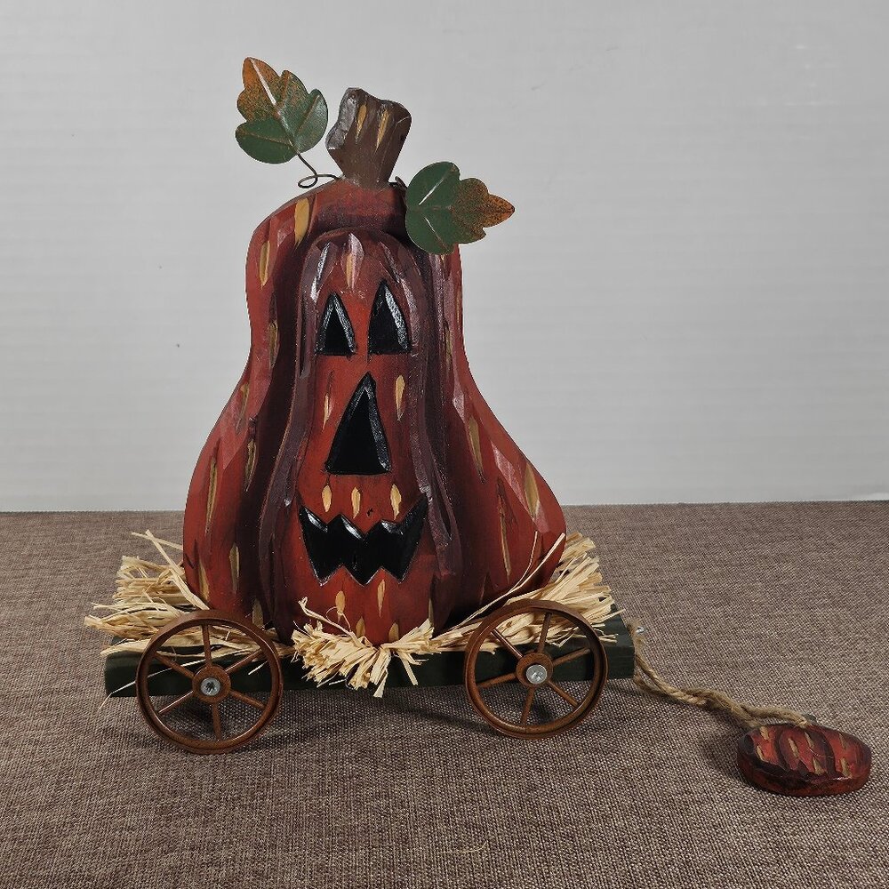 Primitive Wood Jack O Lantern On Green Hay Rack Wagon Cart. Pull-Along